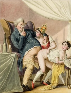  Erotische Tableaux - Erotische biskarikierende darde eines Mannes beim Verkehr mit zwei Damen Georg Emanuel Opiz caricature sexuelle